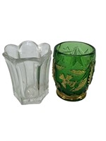 Vintage Green/Gold Clear Glass Toothpick Holders