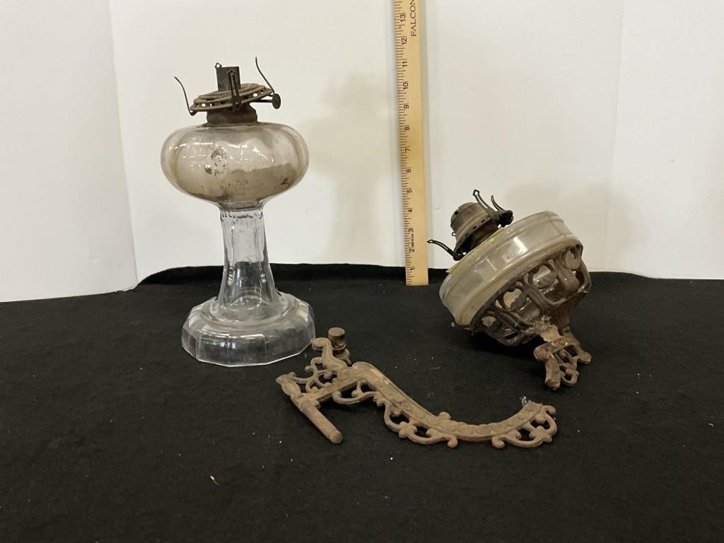 Glass Kerosene Lantern, Cast Iron  Swing Arm Wall