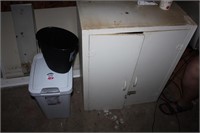 2 trash cans and white cabinet 26" x 12.5'x 32.5'
