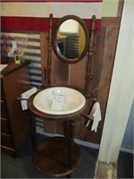 Vintage Wood Wash Stand & Porcelain Basin