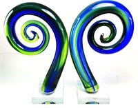 Pair Gorgeous Art Glass Objects 9" Tall Nice Color