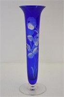 BOHEMIEN CUT GLASS VASE - BLUE TO CLEAR CUT 8.25"