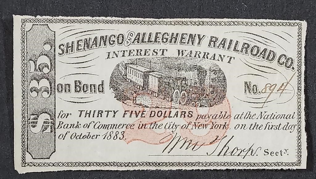 1883Shenango & Allegheny Railroad $35 Bond Warrent