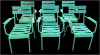 Set (6) Green Metal Garden Chairs, Art Deco Style