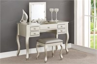 Flip Up Mirror vanity Set with Stool in Silver