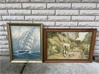 Vintage cottage and ship paintings