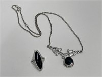 17 " 925 Silver Black Onyx Round Disc Necklace