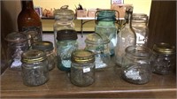 11 antique glass fruit jars,  2 bottles, Ball &