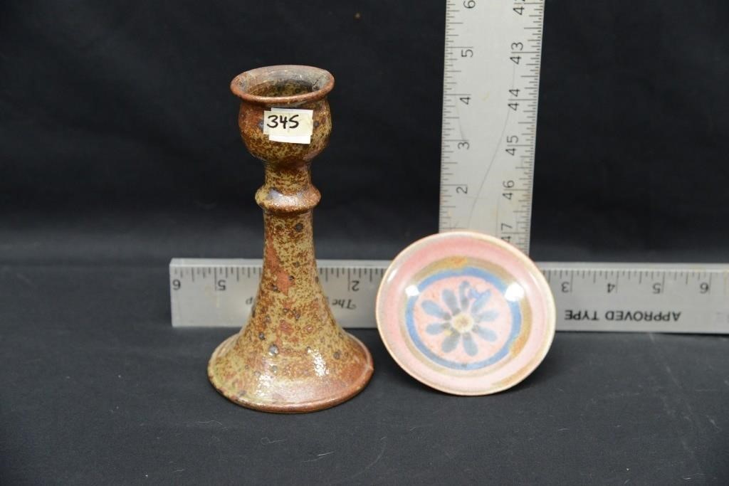 POTTERY CANDLESTICK, SMALL SAUCER