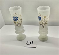 Lot of 2 Frosted Bristol Vase Hand Painted