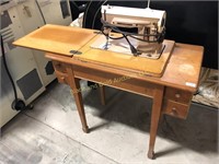 Oak Sewing Machine Cabinet with Singer Machine