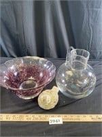 Large Fruit Bowl, Clear Glass Potbelly Pitcher