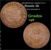 1869 (EM) Russia 3 Kopeks Y# 11.1 Grades vg, very