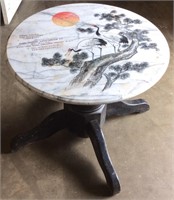 VTG. ASIAN CRANE ETCHED MARBLE TOP SIDE TABLE