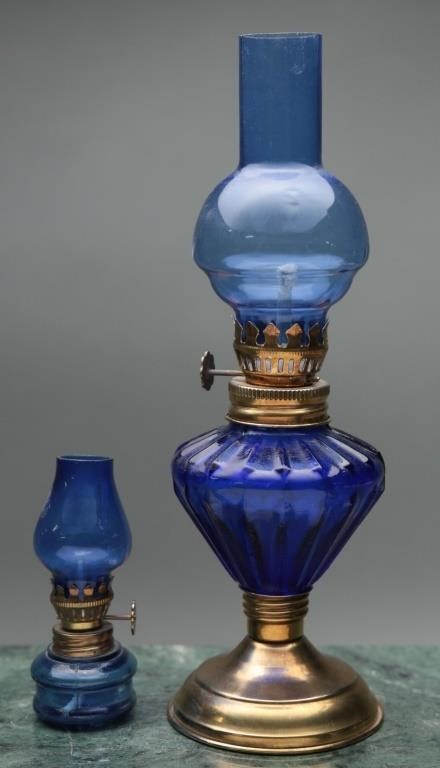 Vintage Miniature Cobalt Blue Glass Oil Lamps (2)
