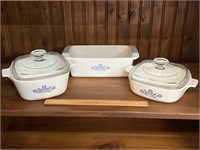 3 Vintage Blue Cornflower Corning Casserole & Loaf