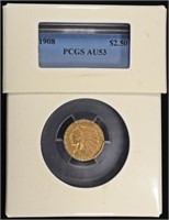 1908 $2.5 GOLD INDIAN PCGS AU53