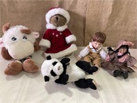Sheep puppet, teddy bear, sitting dolls & panda.