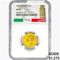 1865T .1867oz. Gold BN Italy 20 Lire NGC AU55