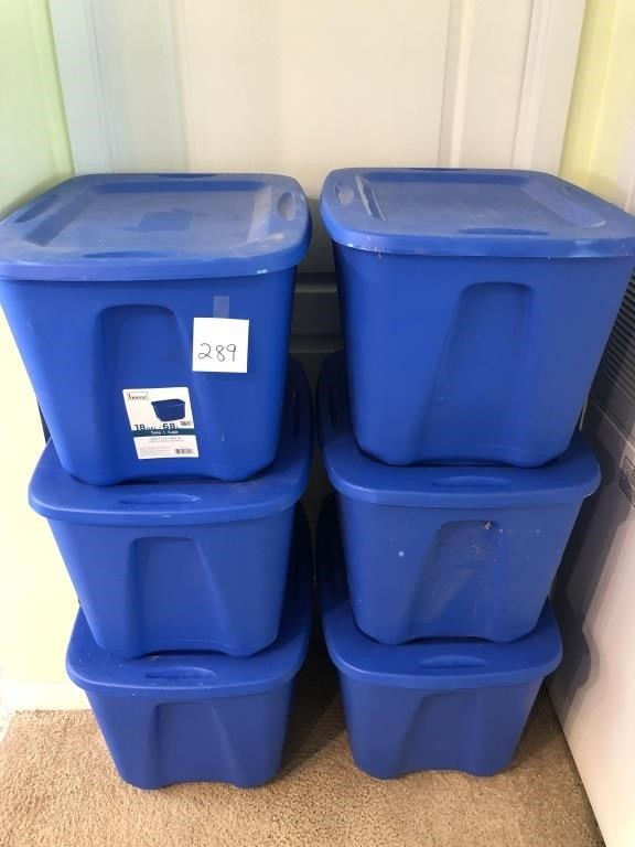 6 Homz totes, 18 gallon, with lids