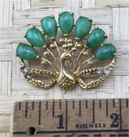 Gold Tone and Green Stone Peacock Pin
