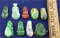 9 Small Carved Colored Pieces and Pendants