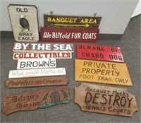 12 wooden signs including Gray Eagle, Collectible,