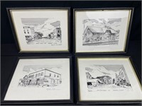4  framed drawings by Paul Randall landmarks of