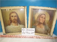 Pair of Vintage Wood Frame Jesus & Mary Prints