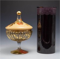 Lot: Purple Glass Vase, Lesley Roy Lidded Compote.