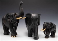 Lot of 3 Ebony Wood Elephant Sculptures.