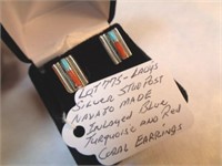 SILVER BLUE TURQUOISE /RED CORAL EARRINGS