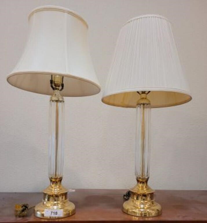 PAIR OF BRASS AND GLASS LAMPS