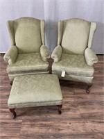 Pair of Green Leaf Wingback Chairs w/Ottoman