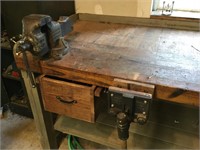 Wood work bench with vises & drawers