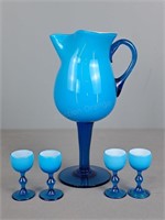 Footed Art Glass Pitcher And Cordials