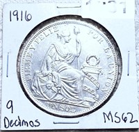 1916 Peru Silver Un Sol UNCIRCULATED 9 DECIMOS