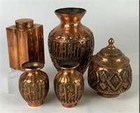 Copper Vases, Tea Caddy & Lidded Jar