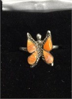Sterling Silver Coral Butterfly Ring TJC
