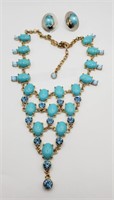 (K) Blue Bead and Crystal Drape Necklace (14"