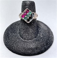 Sterling Ruby/Emerald/Sapphire Ring 4 Gr Size 5.5