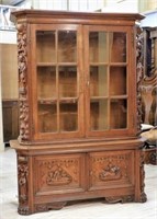 Figural Carved Neo Gothic Oak Display Cabinet.