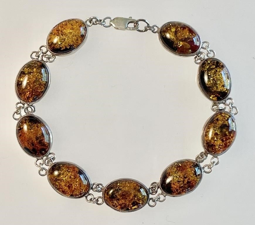 Sterling silver bracelet with amber cabochons