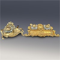 Pair Of Gilt Metal Inkwells