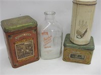 3 Vtg Tin Canisters & 1/2 Gallon Milk Bottle