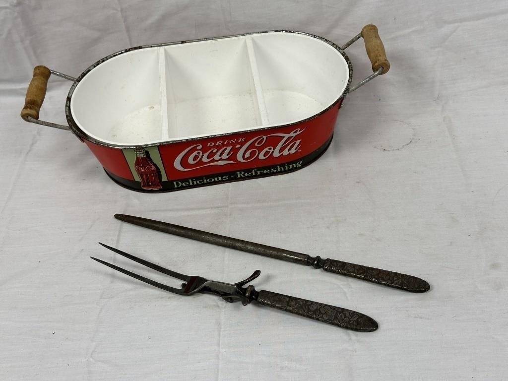 Coca-Cola Metal Divided Pan & Old Carving Utensils
