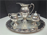 Silver on Copper Cream, Sugar, Pitcher & Tray