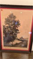 Early Lithograph Countryside barnyard, signed