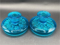 L.E. Smith Colonial Blue Peacock Candle Holders