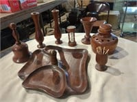 Handmade wood serving tray, vases, bell,
